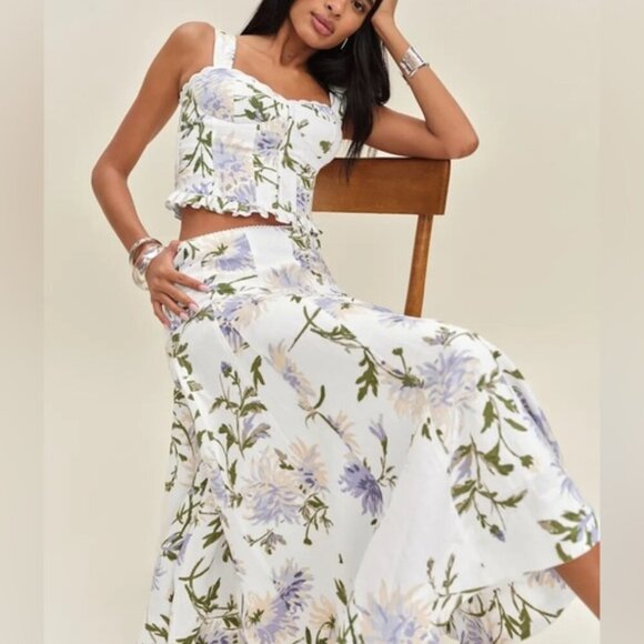 NEW Reformation Anatolia Linen Corset Two Piece Serenity White Floral US 2 UK 6 - Picture 2 of 16